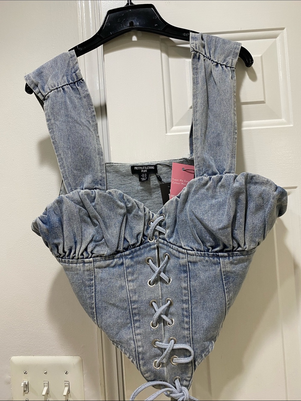 NWT.  PrettyLittleThing Plus, women’s plus size 16, denim, corset style top.